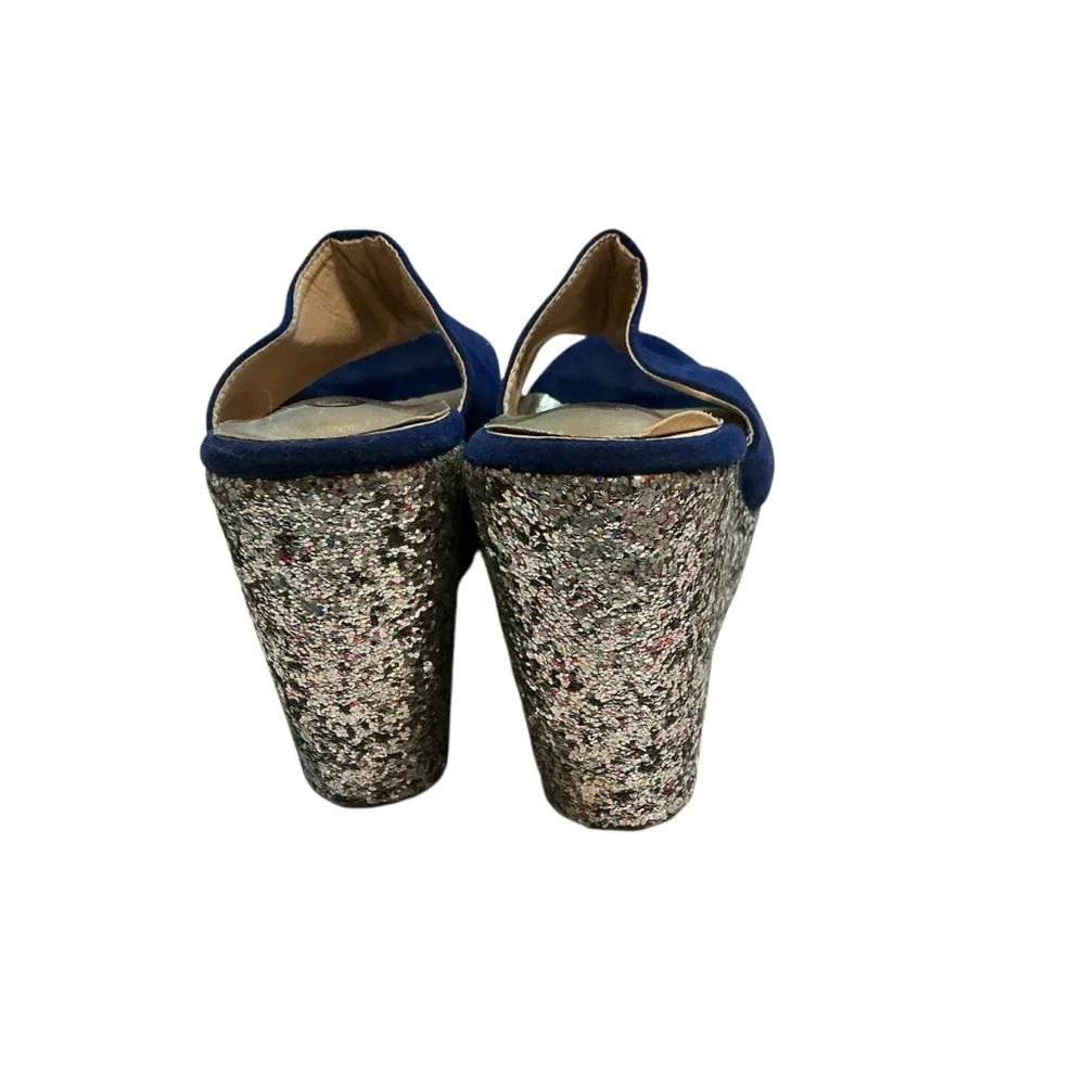 YRU Blue Silver Sequin Platform Wedges Y2K Party Glam Retro Size 36/ US 5.5-6
